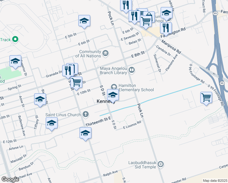 map of restaurants, bars, coffee shops, grocery stores, and more near 2245 East 11th Street in Stockton