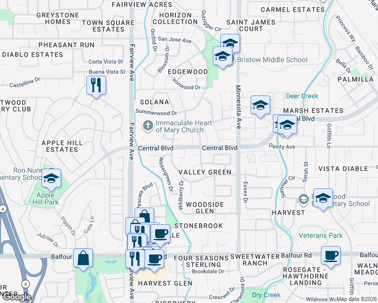 map of restaurants, bars, coffee shops, grocery stores, and more near 19 Lisa Court in Brentwood