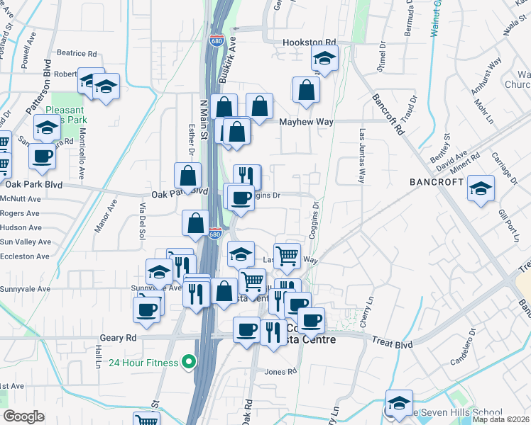 map of restaurants, bars, coffee shops, grocery stores, and more near 3180 Oak Road in Walnut Creek