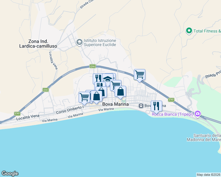 map of restaurants, bars, coffee shops, grocery stores, and more near 23 Via Monte Santo in Bova Marina