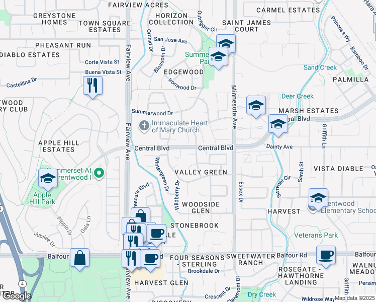 map of restaurants, bars, coffee shops, grocery stores, and more near 21 Lisa Court in Brentwood
