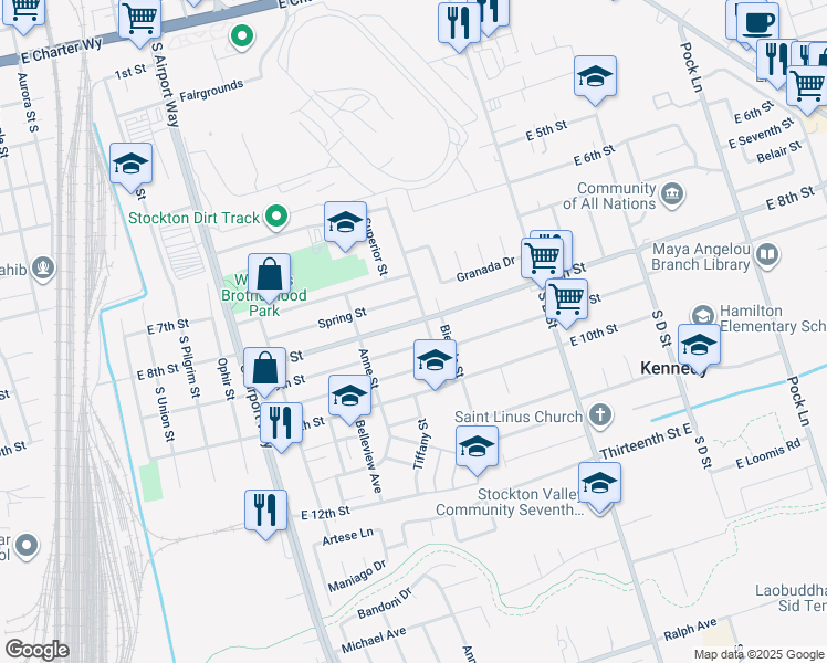 map of restaurants, bars, coffee shops, grocery stores, and more near 1646 East 8th Street in Stockton