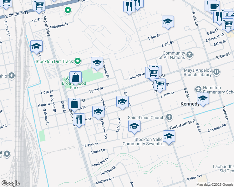 map of restaurants, bars, coffee shops, grocery stores, and more near 1646 East 8th Street in Stockton