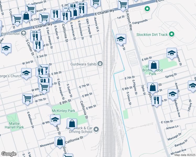map of restaurants, bars, coffee shops, grocery stores, and more near 2027 South Grant Street in Stockton