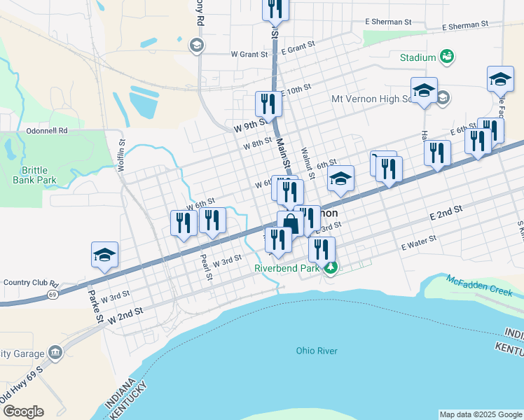 map of restaurants, bars, coffee shops, grocery stores, and more near 401 Mill St in Mt Vernon