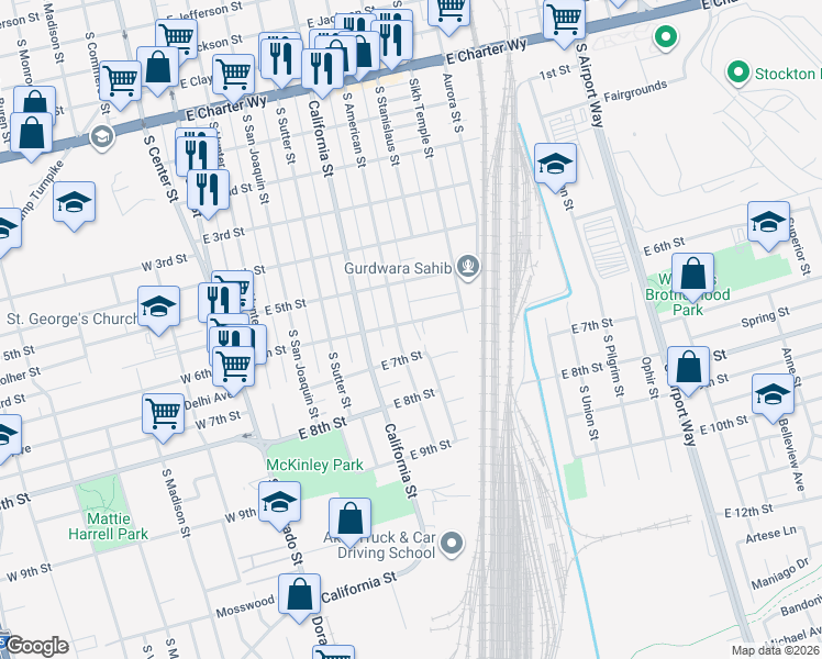 map of restaurants, bars, coffee shops, grocery stores, and more near 616 East 6th Street in Stockton