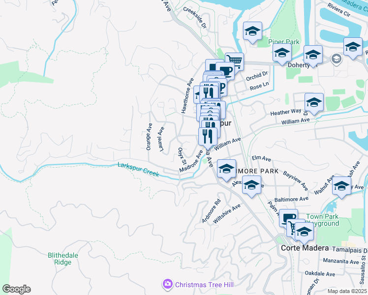 map of restaurants, bars, coffee shops, grocery stores, and more near 24 Palm Avenue in Larkspur