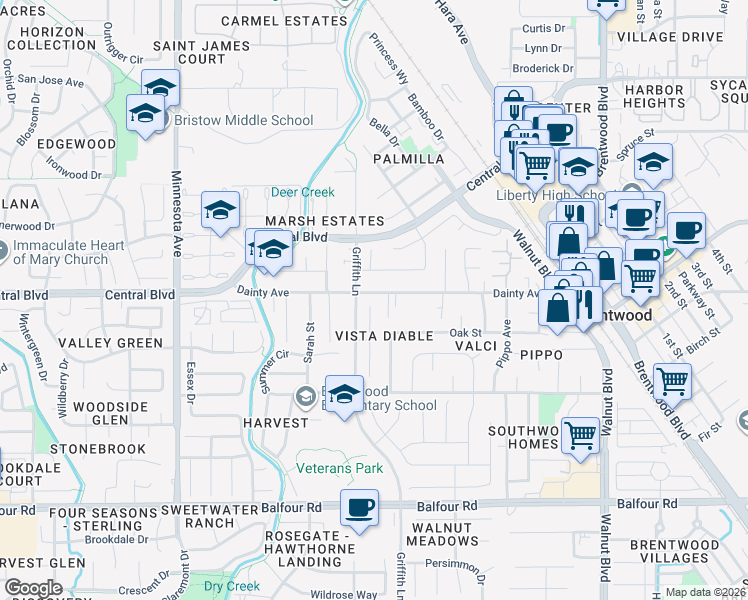 map of restaurants, bars, coffee shops, grocery stores, and more near 788 Heather Place in Brentwood