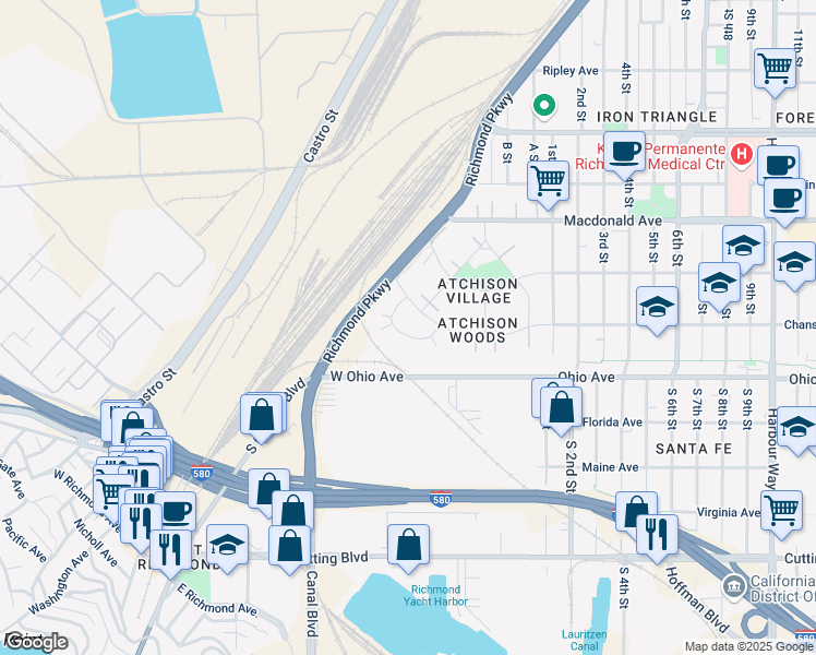map of restaurants, bars, coffee shops, grocery stores, and more near 36 Chanslor Circle in Richmond