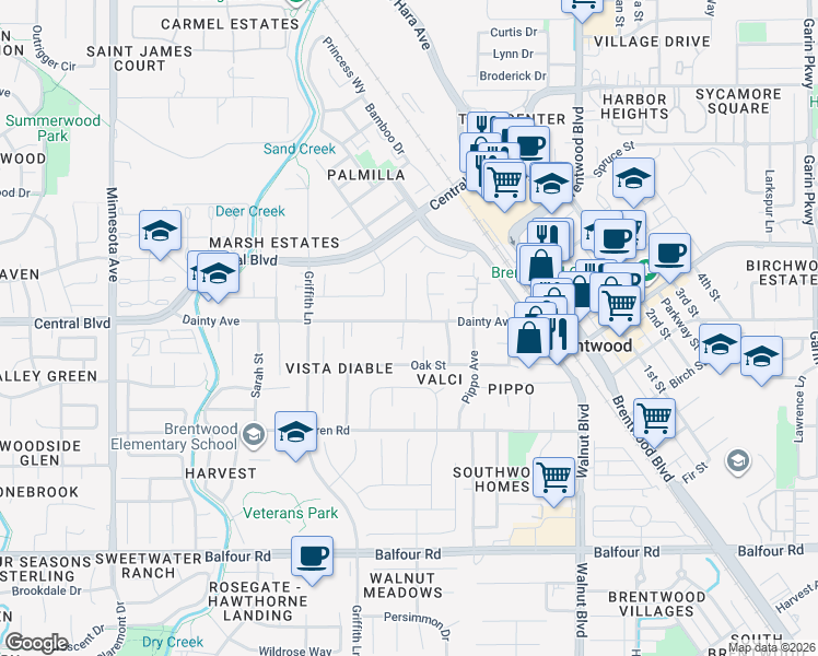 map of restaurants, bars, coffee shops, grocery stores, and more near 775 Nebergall Court in Brentwood