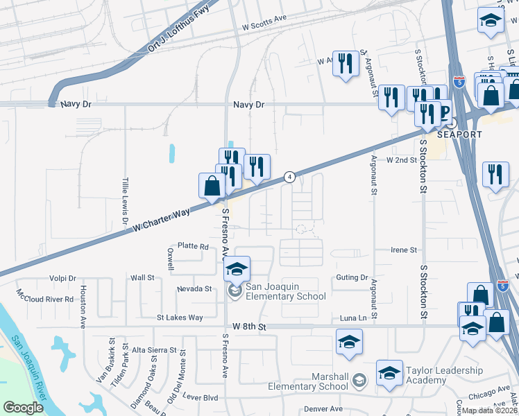 map of restaurants, bars, coffee shops, grocery stores, and more near 1661 Bella Lago Drive in Stockton