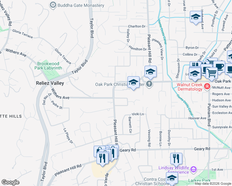 map of restaurants, bars, coffee shops, grocery stores, and more near 1770 Pleasant Hill Road in Pleasant Hill