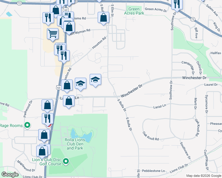 map of restaurants, bars, coffee shops, grocery stores, and more near 808 South Rolla Street in Rolla