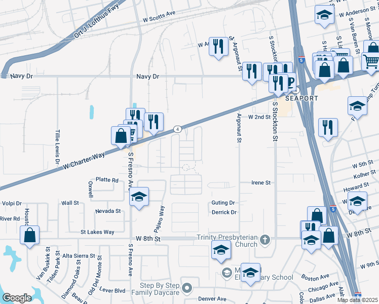 map of restaurants, bars, coffee shops, grocery stores, and more near 1766 Crossbow Lane in Stockton