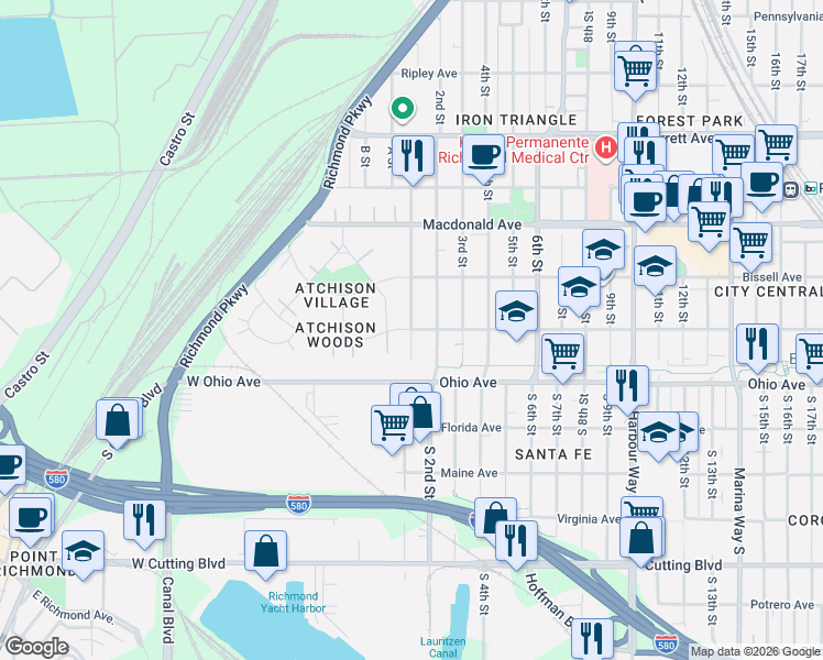 map of restaurants, bars, coffee shops, grocery stores, and more near 2 Chanslor Avenue in Richmond