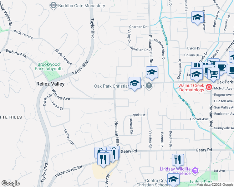 map of restaurants, bars, coffee shops, grocery stores, and more near 1770 Pleasant Hill Road in Pleasant Hill