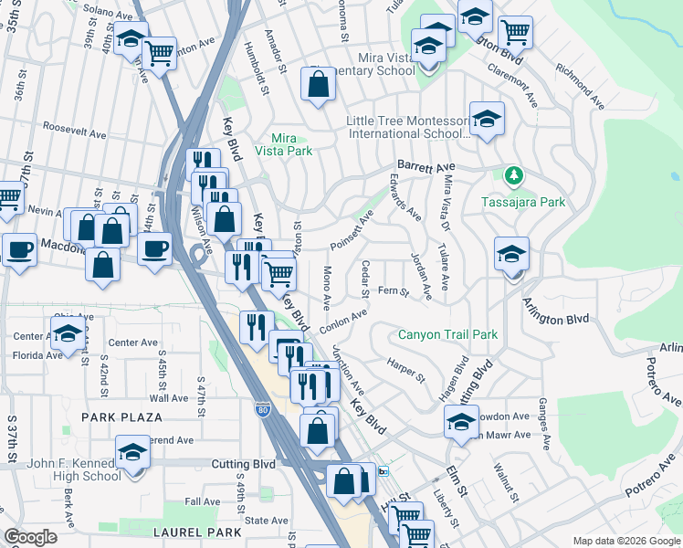 map of restaurants, bars, coffee shops, grocery stores, and more near 5523 Macdonald Avenue in El Cerrito