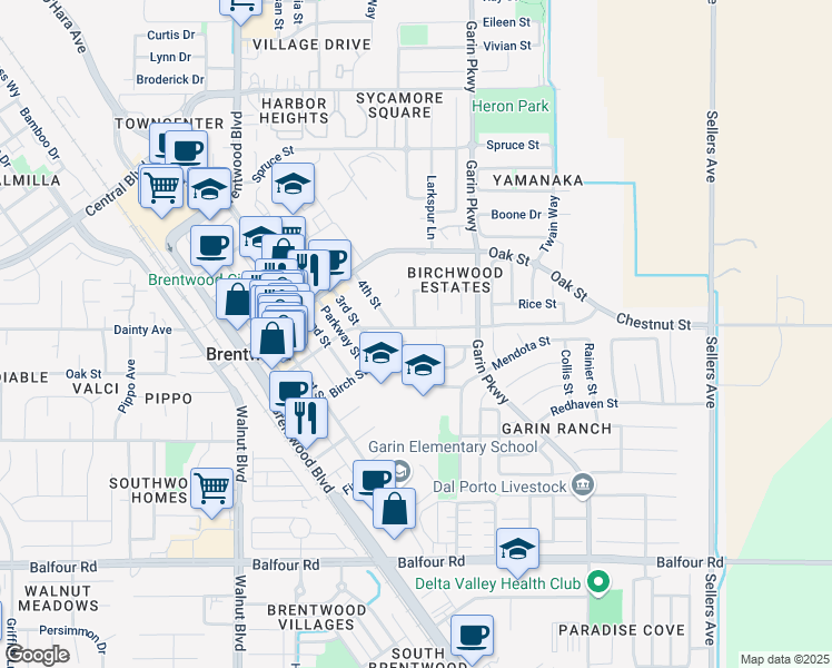 map of restaurants, bars, coffee shops, grocery stores, and more near 430 Chestnut Street in Brentwood