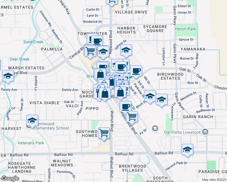 map of restaurants, bars, coffee shops, grocery stores, and more near 335 Oak Street in Brentwood
