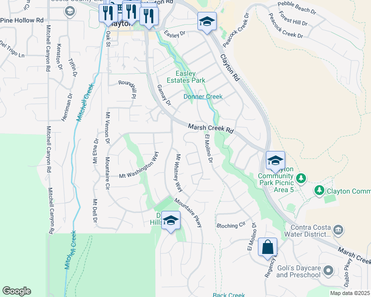 map of restaurants, bars, coffee shops, grocery stores, and more near 23 Mount Wilson Way in Clayton