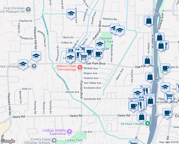 map of restaurants, bars, coffee shops, grocery stores, and more near 3241 Rogers Avenue in Walnut Creek