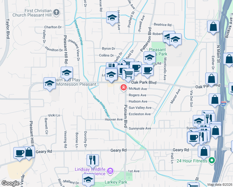 map of restaurants, bars, coffee shops, grocery stores, and more near 44 Rogers Court in Pleasant Hill