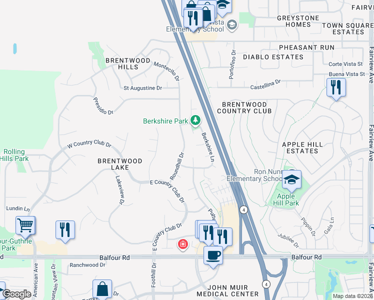map of restaurants, bars, coffee shops, grocery stores, and more near 342 Roundhill Drive in Brentwood