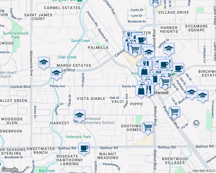map of restaurants, bars, coffee shops, grocery stores, and more near 775 Nebergall Court in Brentwood