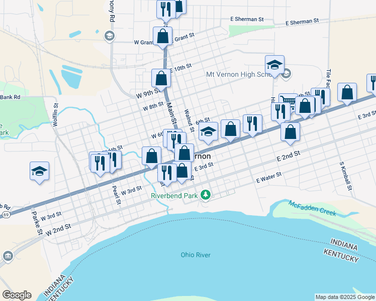 map of restaurants, bars, coffee shops, grocery stores, and more near 402 Main Street in Mount Vernon