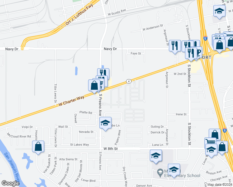 map of restaurants, bars, coffee shops, grocery stores, and more near 1649 Bella Lago Drive in Stockton