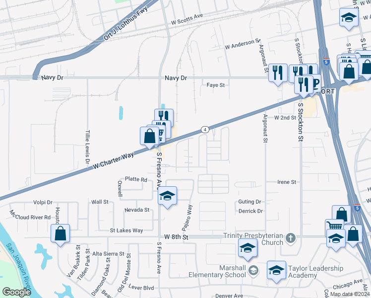 map of restaurants, bars, coffee shops, grocery stores, and more near 1649 Bella Lago Drive in Stockton