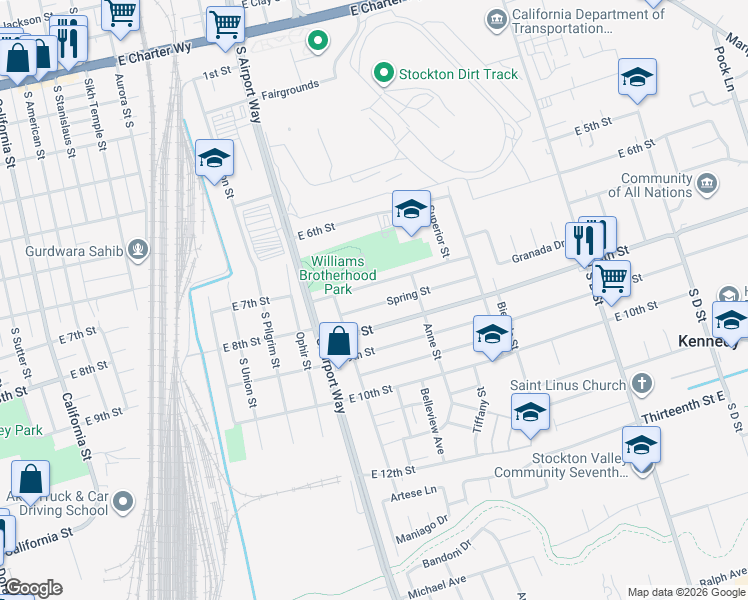 map of restaurants, bars, coffee shops, grocery stores, and more near 1529 East 8th Street in Stockton