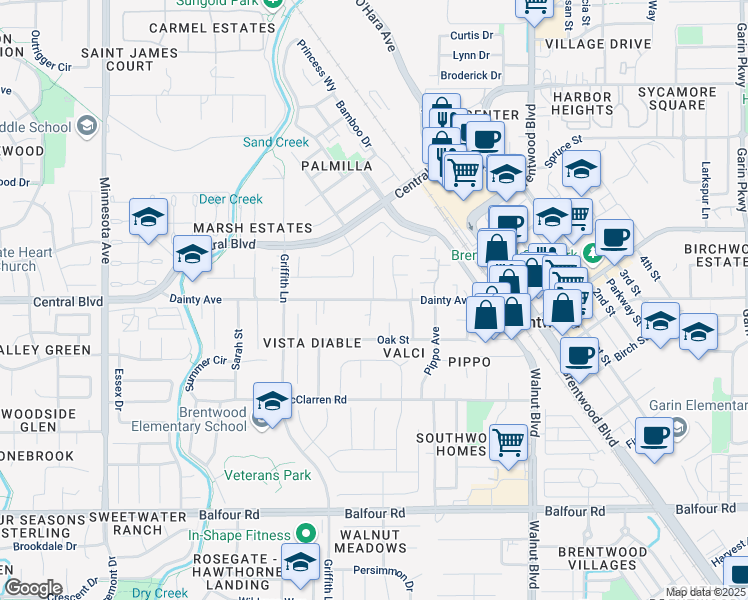 map of restaurants, bars, coffee shops, grocery stores, and more near 910 Dainty Avenue in Brentwood