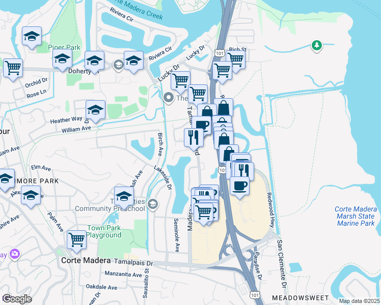 map of restaurants, bars, coffee shops, grocery stores, and more near 28 Council Crest Drive in Corte Madera
