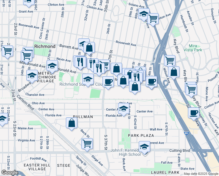 map of restaurants, bars, coffee shops, grocery stores, and more near 100 37th Street in Richmond
