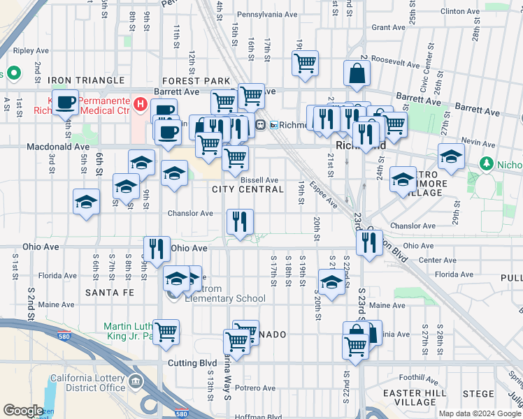 map of restaurants, bars, coffee shops, grocery stores, and more near 1619 Chanslor Avenue in Richmond