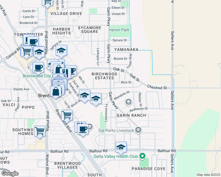 map of restaurants, bars, coffee shops, grocery stores, and more near Garin Parkway & Chestnut Street in Brentwood