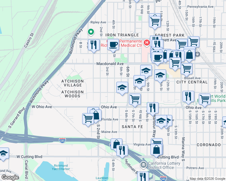 map of restaurants, bars, coffee shops, grocery stores, and more near 333 Chanslor Avenue in Richmond