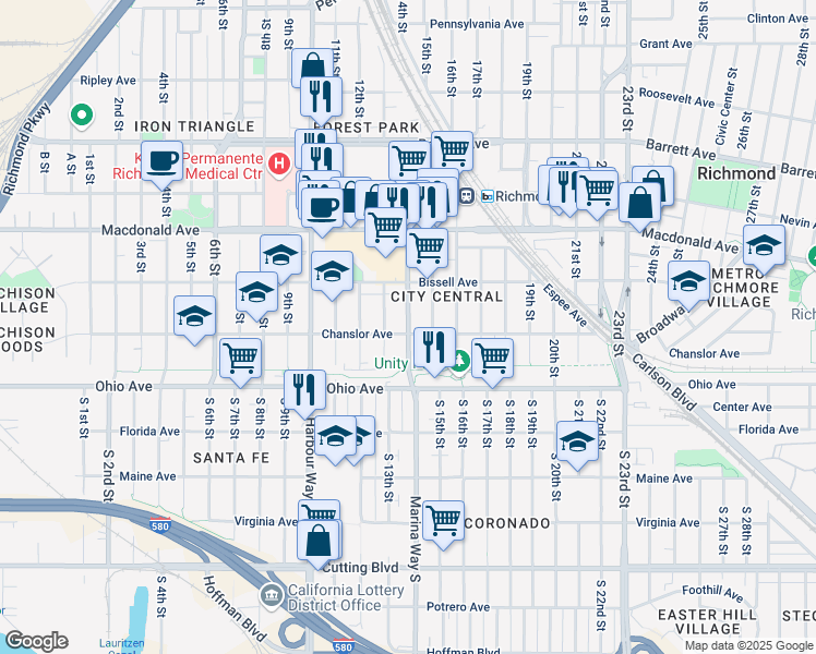map of restaurants, bars, coffee shops, grocery stores, and more near 111 Marina Way in Richmond