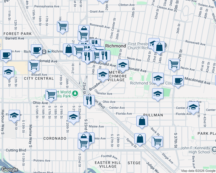 map of restaurants, bars, coffee shops, grocery stores, and more near 33 Grove Street in Richmond