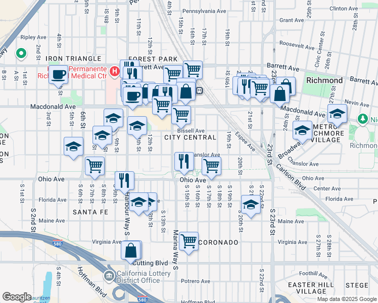 map of restaurants, bars, coffee shops, grocery stores, and more near 36 15th Street in Richmond