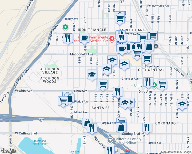 map of restaurants, bars, coffee shops, grocery stores, and more near 30 6th Street in Richmond
