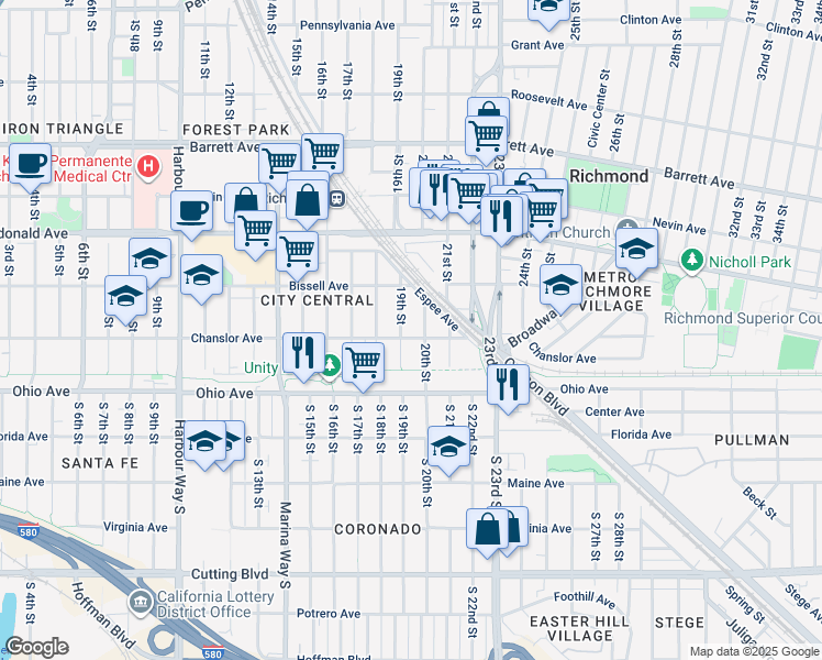 map of restaurants, bars, coffee shops, grocery stores, and more near 1917 Chanslor Avenue in Richmond
