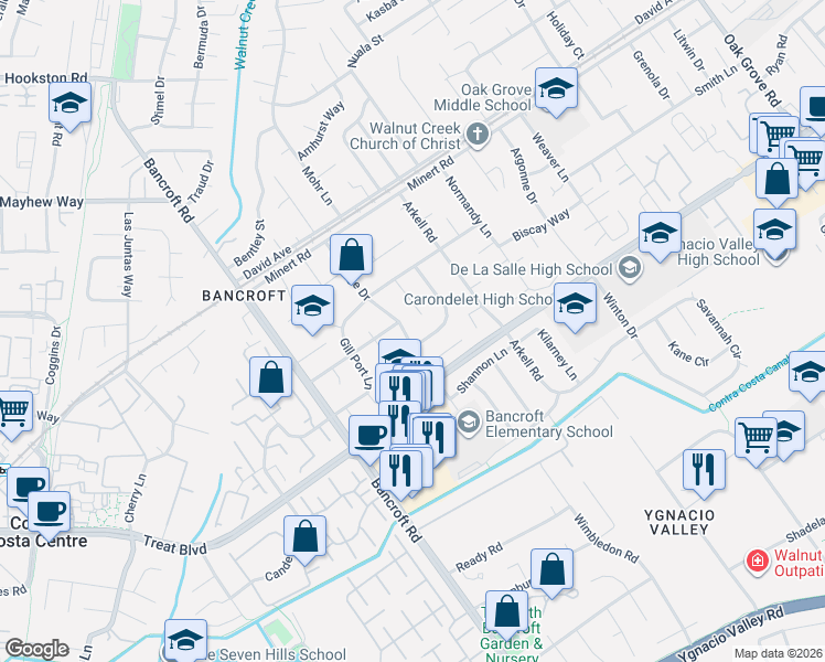 map of restaurants, bars, coffee shops, grocery stores, and more near 1561 Carriage Drive in Walnut Creek