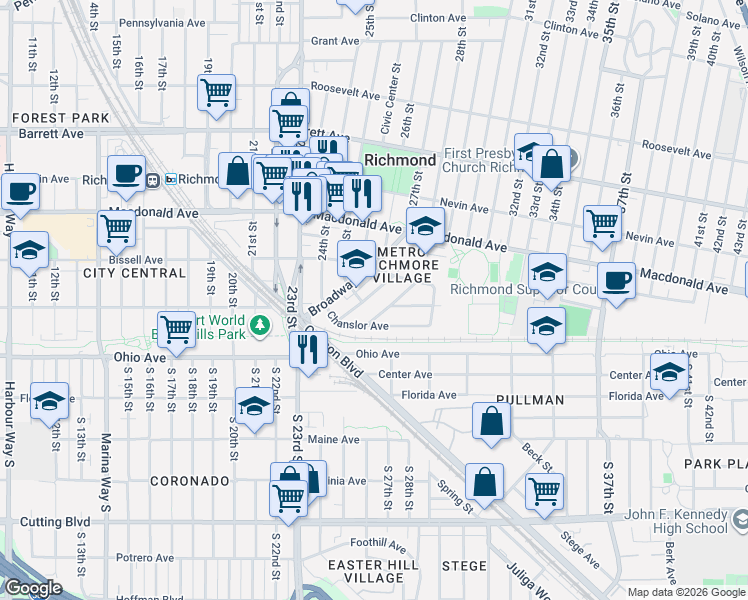 map of restaurants, bars, coffee shops, grocery stores, and more near 33 Grove Street in Richmond