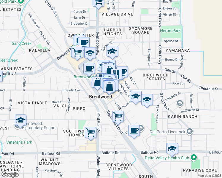 map of restaurants, bars, coffee shops, grocery stores, and more near 740 1st Street in Brentwood