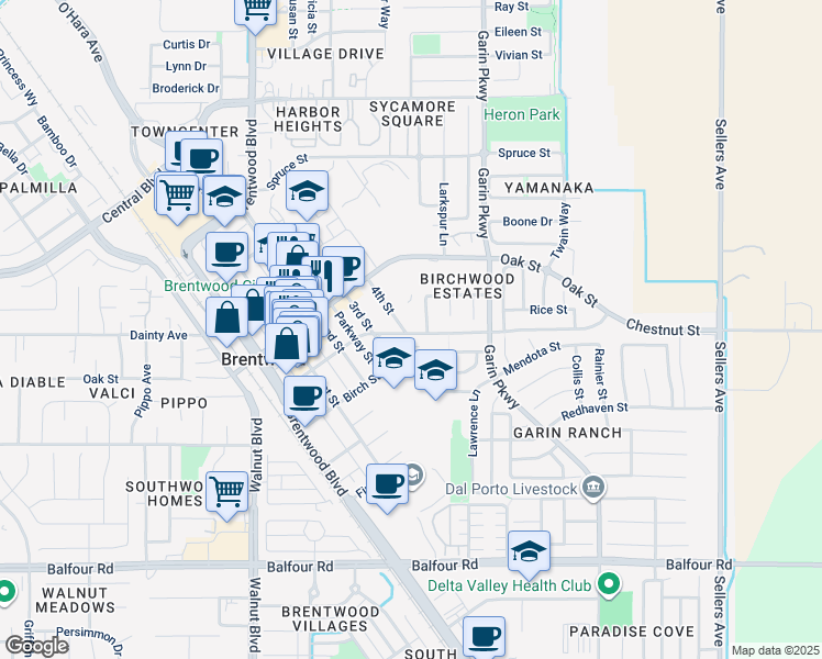 map of restaurants, bars, coffee shops, grocery stores, and more near 604 4th Street in Brentwood
