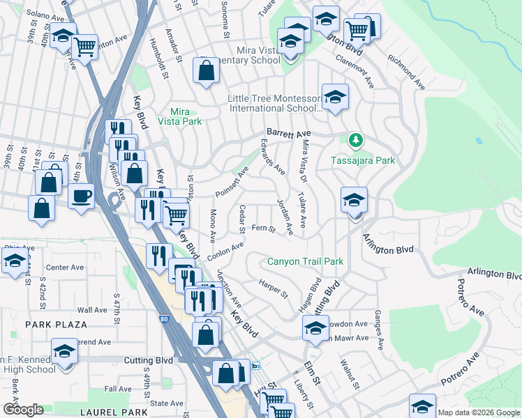 map of restaurants, bars, coffee shops, grocery stores, and more near 5680 Ludwig Avenue in El Cerrito