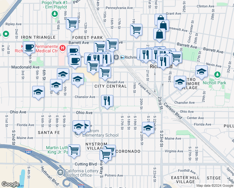 map of restaurants, bars, coffee shops, grocery stores, and more near 155 17th Street in Richmond