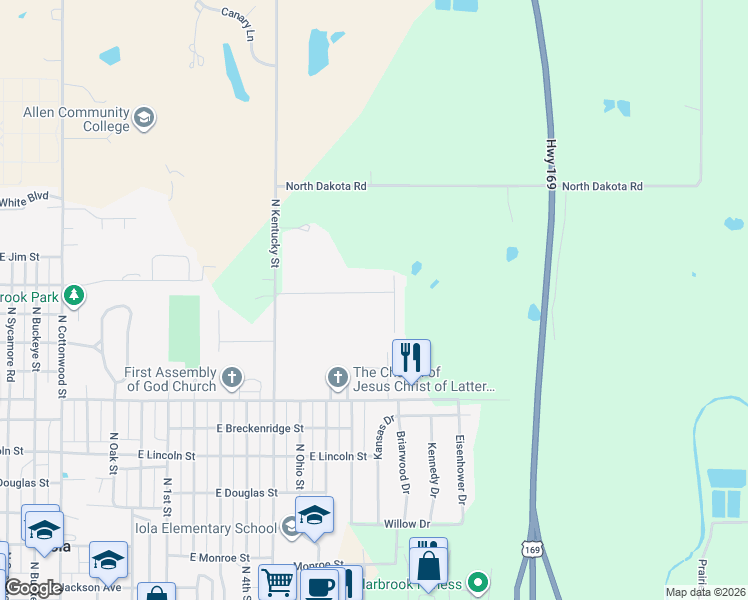 map of restaurants, bars, coffee shops, grocery stores, and more near 1521 Redbud Lane in Iola